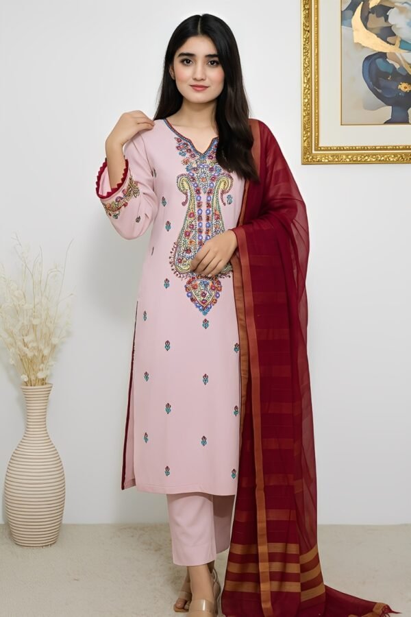 3-Piece Pure Cotton | Embroidery | Light Purple with Maroon Dupatta
