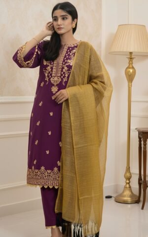 3-Piece Pure Cotton | Embroidery  | Purple with Golden Dupatta