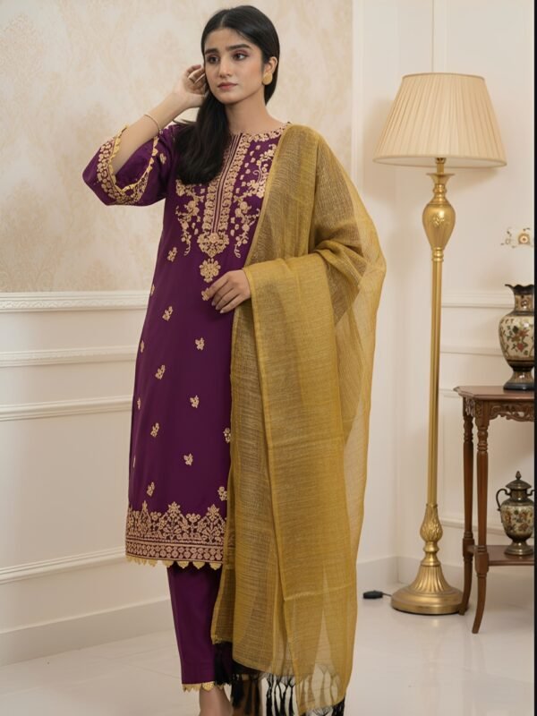 3-Piece Pure Cotton | Embroidery  | Purple with Golden Dupatta