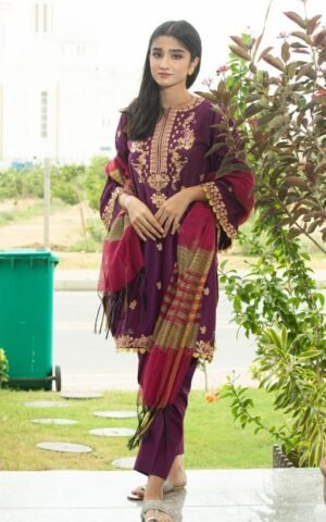 3-Piece Pure Cotton |Embroidery with Delicate Bead Detailing | Purple
