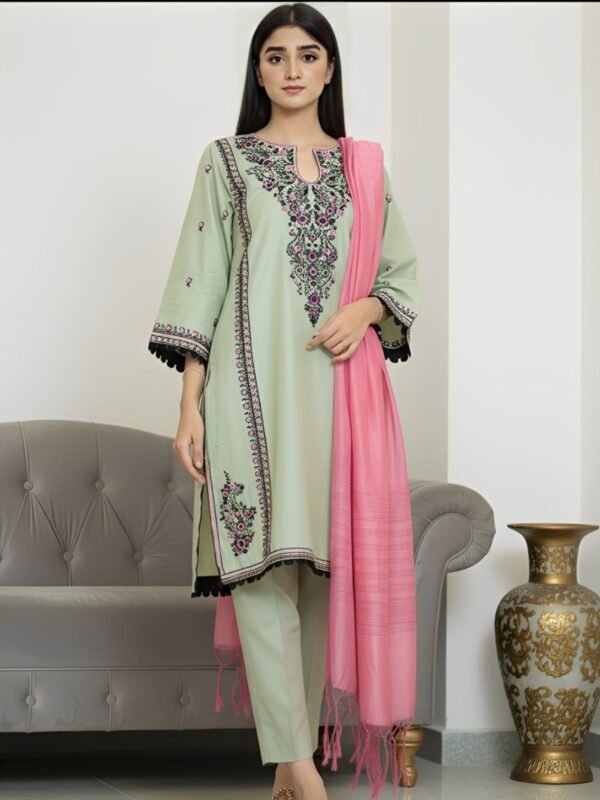3-Piece Pure Cotton | Embroidery| Pista Green with Pink Dupatta