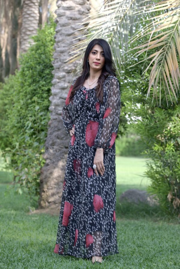 1 Piece - Chiffon Black Floral Maxi / Frock