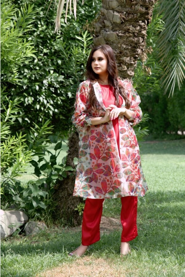 Organza | Printed Gown with Inner Silk | 3 Piece | Red