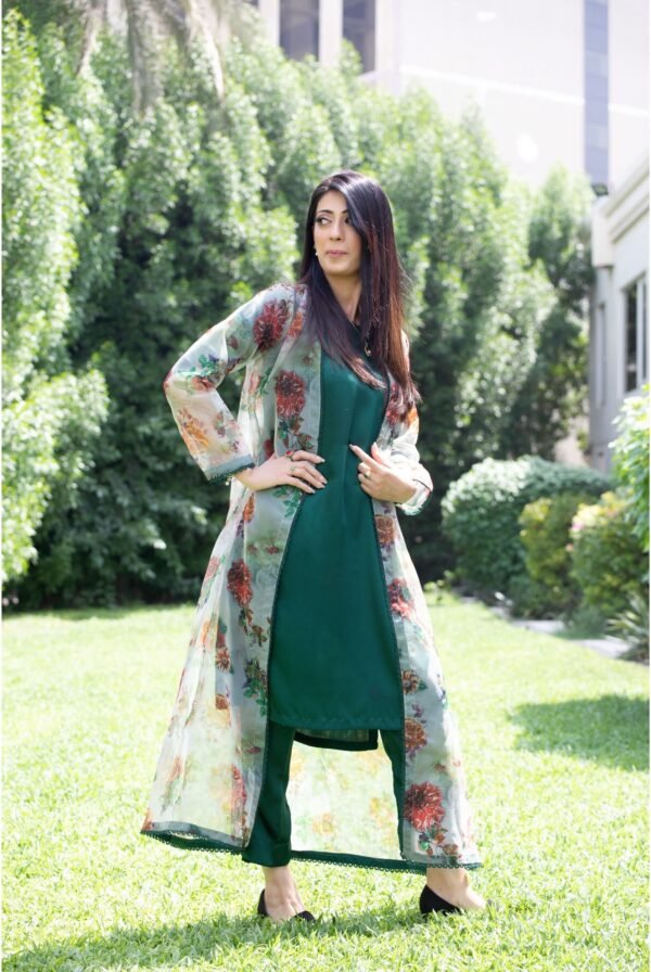 Organza | Printed Gown with Silk Inner |3 Piece | Bottle Green