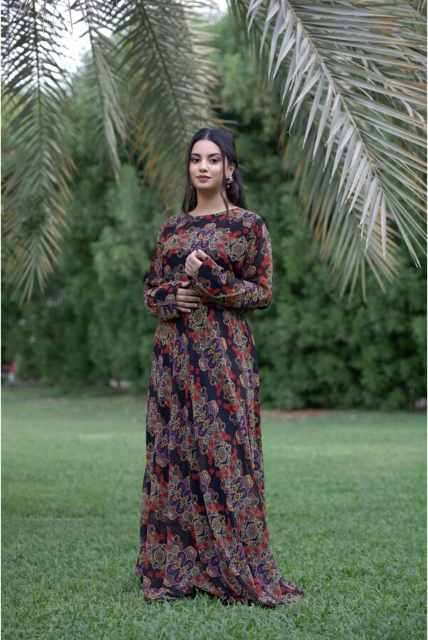 1 Piece - Chiffon Black Stripes Floral Maxi / Frock