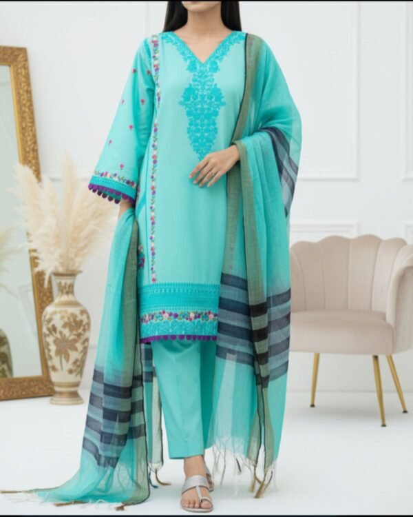 3-Piece Pure Cotton | Embroidery | Aqua Blue