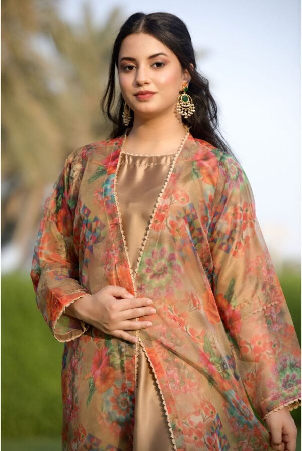 Organza | Printed Gown with Silk Inner |3 Piece | Brown Camel