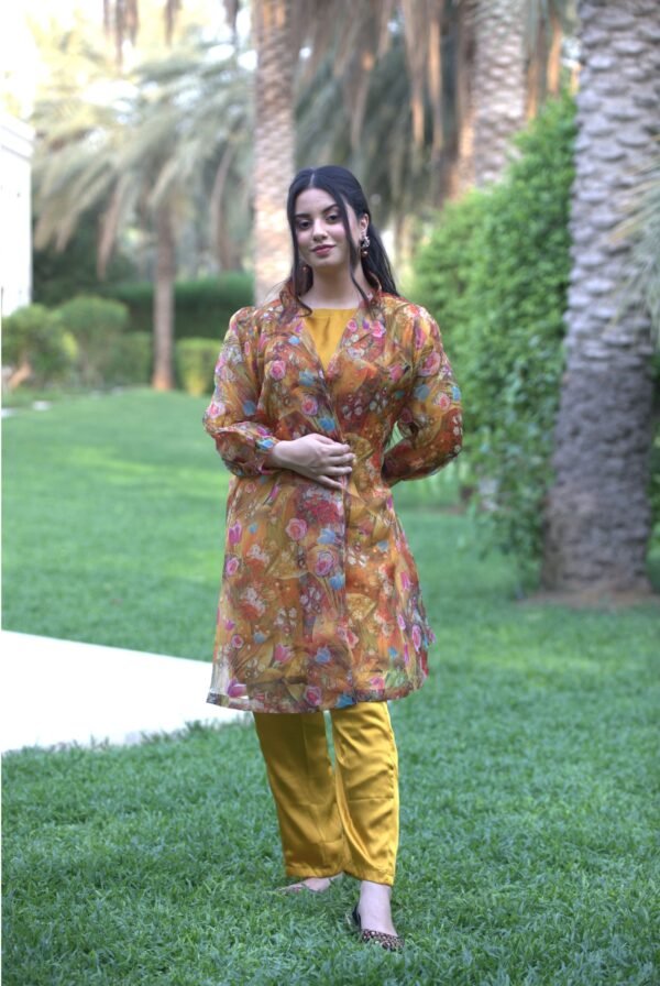 Organza | Printed Gown with Inner Silk | 3 Piece | Mustard Brown