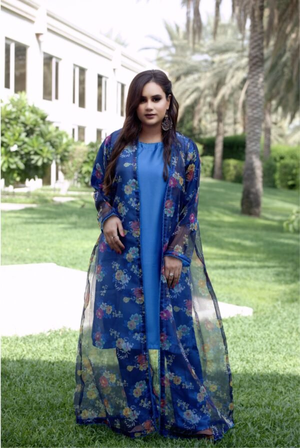 Organza | Printed Gown with Silk Inner | 3 Piece | Dark Blue 1