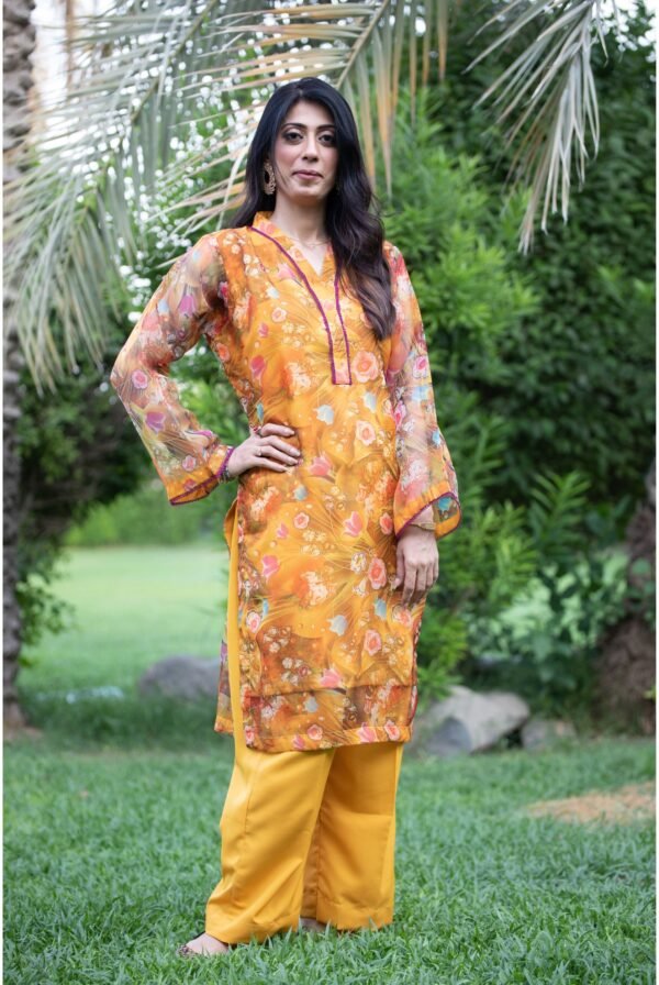Organza Printed 2 Piece Suit | Mustard