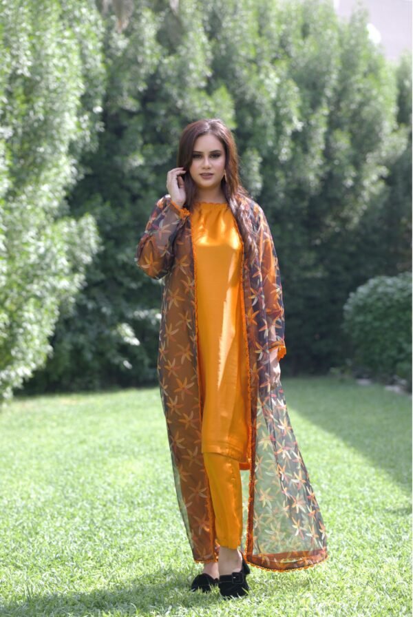 Organza | Printed Gown with Silk Inner | 3 Piece | Black Gold