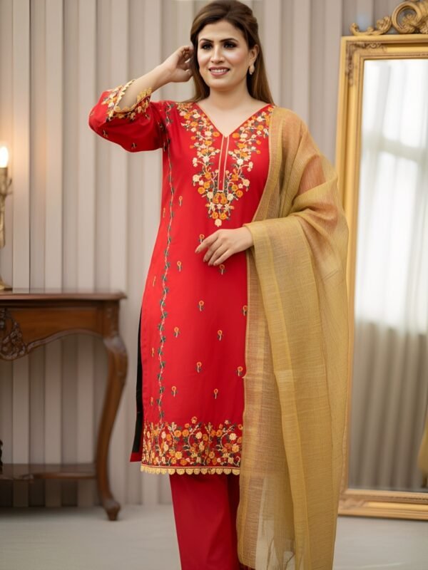 3-Piece Pure Cotton | Embroidery  | Red with Gold Dupatta