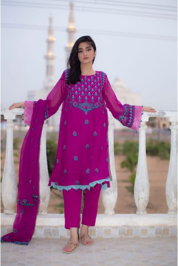 Chiffon | Embroidered 3 Piece Suit with Dupatta | Magenta